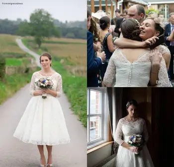 2019 Пищни дантелено сватбена рокля Благородна къса чаена дължина на Country Garden Булка, сватбената рокля на поръчката, плюс Размер