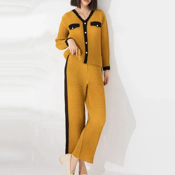 Есента модерен комплект ризи и панталони Miyake с волани, нов свободен топ ръчна изработка с набори, контрастни прави панталони, комплект от две части