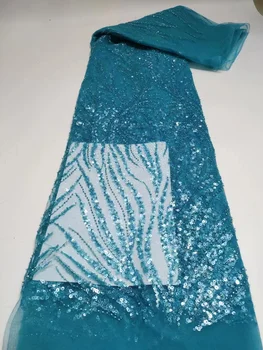 Синя дантела, Африканска Френска лейси плат 2023, Висококачествено расшитое мъниста и пайети дантела за младоженеца, Нигерийски дантелени платове за вечерна рокля