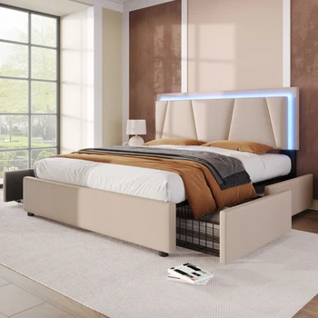 легла за съхранение на размера снабден с кралица легло 160x200 см, рамка на легло, дървена решетчатая рама с led подсветка и 4 чекмеджета бежов цвят