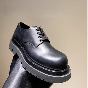 Дизайн на Европейски и Американски Класически стил, Мъжки Дерби Ръчно изработени От Естествена Кожа В Дебела Подметка, Черни Уголемени Кожени Обувки, Мъжки