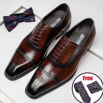 Phenkang/ Мъжки италиански оксфордские обувки от естествена кожа с като, с остри пръсти, дантела, Сватбени бизнес мъжки обувки на платформа