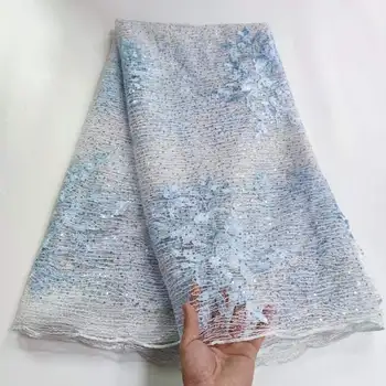 Африканска лейси плат 2023 най-новата синьо-бял индийски плат сари, висококачествен тюл, лейси плат с 3D блясък за вашата сватбена рокля