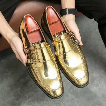 Новите златни мъжки модел обувки, лоферы с квадратни пръсти и каишка с катарама, пролетно-есенни обувки за сватба, ръчно изработени, безплатна доставка, размер 38-46