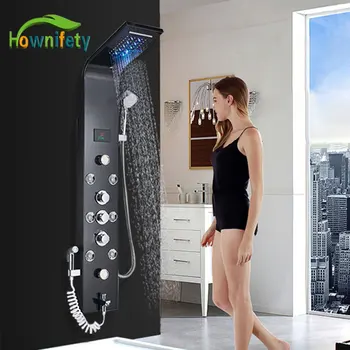 Черна душ панел, led душ-система за баня, горещ студен Многофункционален душ, дъжд водопад, масаж на главата, LCD екран