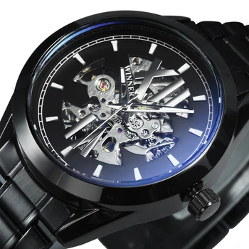 Автоматичен часовник Winner Blue Light Glass, черни мъжки часовници, най-добрата марка за луксозни светещи механични часовници е от неръждаема стомана.¶
