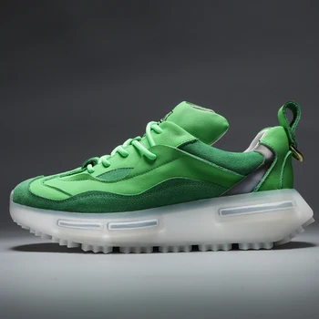Мъжки обувки на плоска подметка от естествена кожа, модерен зелени маратонки с прозрачни подметки p30d50