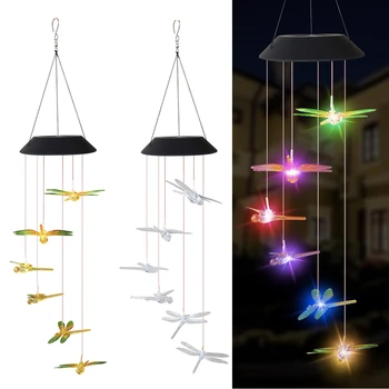 Соларни лампи с перезвоном вятър, Цветни Окачен лампа Dragonfly Windbell, Водоустойчив Външни Окачени декоративни осветителни тела за вашия дом градина