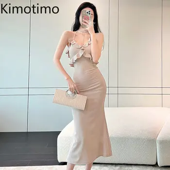 Kimotimo Секси Дълга рокля с V-образно деколте и с къдри на бретелях, секси Лятна рокля 2023, тънки и дълги рокли на Русалка с отворен гръб, за Френското в елегантна вечерна рокля