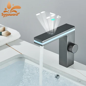 Матиран Черен Интелигентен дисплей на температурата на Смесител за мивка в банята Месинг Смесител за топла и студена вода на палубата Кран за баня