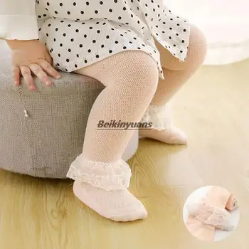 Детски чорапогащи пролет-лято тънки дишащи мрежести чорапогащи за момичета, дантелени чорапи за новородени в стаята за кондициониране на въздуха