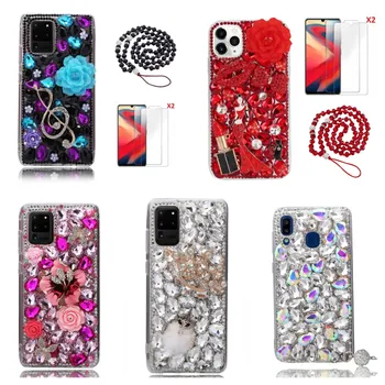 за Alcatel 1Б (2020 г.) на Калъф за мобилен телефон с 2 ЕЛЕМЕНТА със защитно фолио и лента, девчачьи диаманти, блестящи кристали, мек калъф за телефон за жени