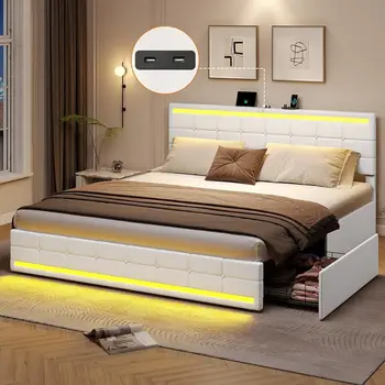 Рамка на легло от изкуствена кожа кралски размери с чекмеджета за съхранение и led осветление на таблата