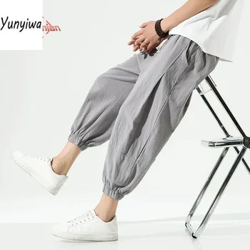 Свободни мъжки памук, ленени панталони в китайски стил, мъжки летни Нови дишащи обикновена ленени скъсяване на панталони, градинска облекло за фитнес