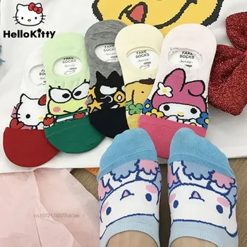 6 Чифта чорапи Sanrio Hello Kitty Cinnamoroll Melody Сладки мультяшные чорапи-лодка за момичета, сладък студентски невидими чорапи с малките си уста
