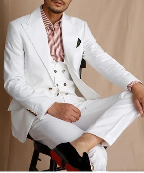 JELTONEWIN Класически Мъжки костюм Комплект от 3 теми 2021 Г., Бяло Приталенное Рокля Бизнес Човек, Сватба Облекло за Младоженеца, Смокинг, Костюми