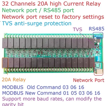 32-канален 20a сильноточный мрежов комутатор за Ethernet-реле modbus rtu slave tcp udp rj-45 12v 24v plc модул за вход-изход
