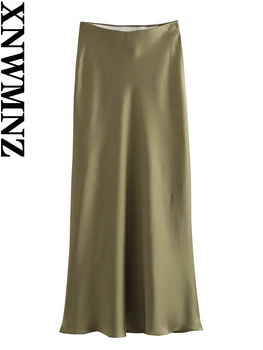 XNWMNZ Дамска мода 2023, Струящаяся сатен пола Midi, дамски реколта еластична пола с висока талия и расклешенным подолом, градинска женска пола