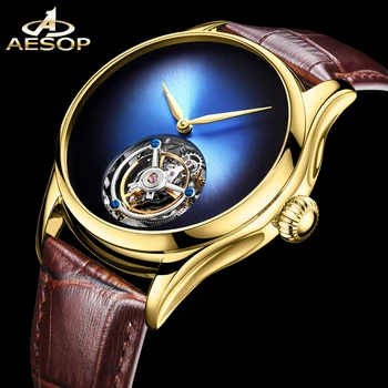 Часовници с турбийоном AESOP Леопард Eye, син сапфир циферблат, Оригинален кухи механизъм, Механичен мъжки ръчни часовници, Кожени часовници