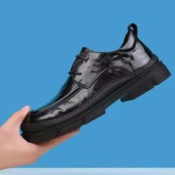 Мъжки кожени обувки, мъжки обувки, тенденция на естествена кожа, гъвкави бизнес ежедневни обувки, мъжки фини обувки с дебела подметка
