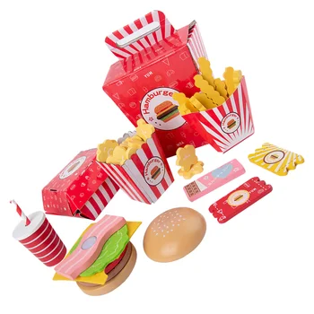 Комбинирана имитация на хамбургер с пържени Картофки Дървена играчка Детски играчки за приготвяне на бърза храна е Фалшив