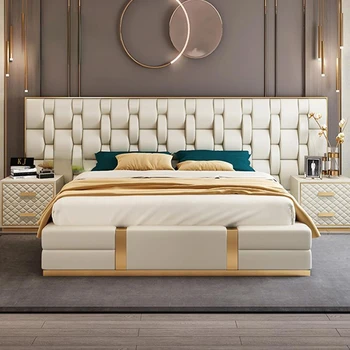 Нова луксозна Голямо легло С матрак В главата, Дизайнерски мебели за спалня, Индивидуален рамка King / Queen Size, Кожено легло с високо качество