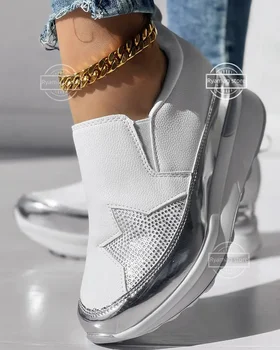 Маратонки Дамски лоферы Muffin на платформата с кристали и звездна модел, сребристи обувки на платформа, дамски слипоны Zapatos De Mujer
