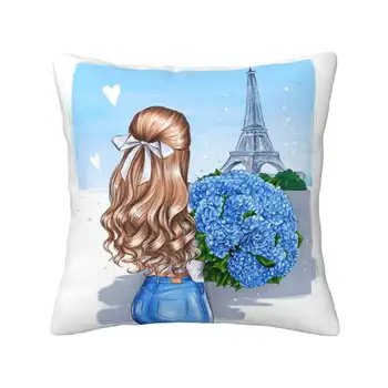 Роден е в Париж. Париж и цветя, Мека удобна калъфка за възглавница, Момиче с цветя, обичам Париж, пътувам със сини цветове с Париж.