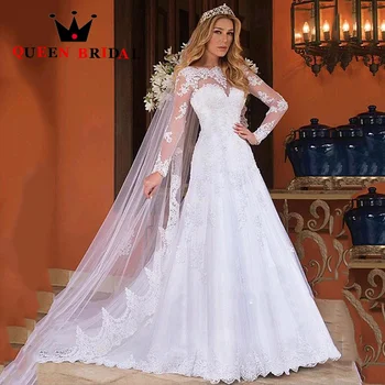 Класически Булчински рокли с кружевными апликации и дълги ръкави, Елегантна сватбена рокля трапецовидна форма Vestido De Noiva Custom J90Q