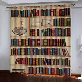 2 Панела завеса Магическа bookshelf Глобус 3D печат Тъканни завеси с блокиране на алуминиева дограма, щори за хола спални