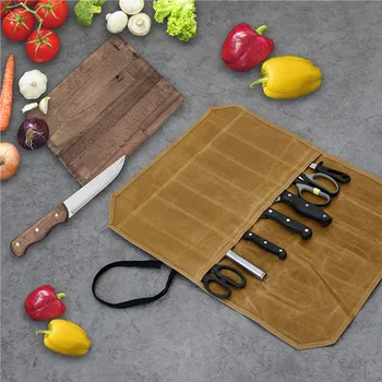 Чанта за хвърляне на ножове-готвач, преносима чанта за съхранение на кухненски инструменти от вощеного платно, многофункционален органайзер за съхранение на труд с 7 слотове