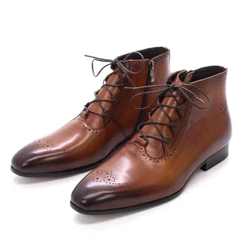 Класически мъжки ботильоны от естествена кожа ръчно изработени, официалната обувки с висок берцем и острата странично каишка с цип, мъжки ежедневни бизнес обувки 2024