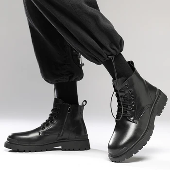 Черни обувки, мъжки есенно-зимни черни мотоциклетни ботуши с висок берцем на ниски токчета, Нова мъжки обувки, модни Zapatos Para Hombres
