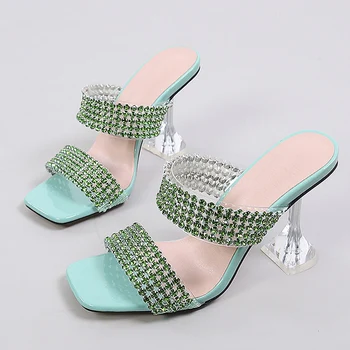 Секси Зелени Женски прозрачни чехли на висок ток с кристали Летни вечерни модела обувки Женски прозрачни сандали от PVC с кристали