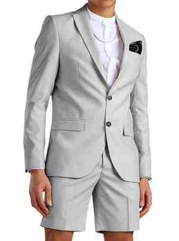 TPSAADE Мъжки костюм С Къси Панталони Ежедневни Летни Костюми-Двойка Смокинг Младоженеца Плажна Сватбена рокля (Сако + Панталон + Вратовръзка)