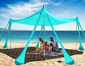 Навес Палатки Плажната Сянка 10x10ft UPF50 + Навес От Слънцето с 8 Торби За Пясък 4 Устойчиви Шестами Лопатка За Пясък Къща за 8 Души Преносим