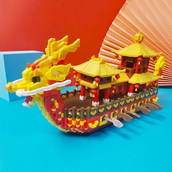 Играчка за деца от китайската традиционна архитектура Royal Dragon Boat Animal Кораб на 3D Модел на DIY Diamond Blocks Bricks Building