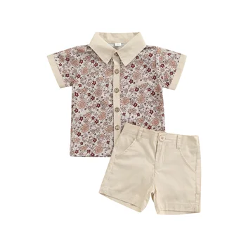 Комплект детски костюм от 2 теми, риза с къс ръкав и отложным яка с флорални принтом + обикновена панталонки за момчета от 6 месеца до 4 години