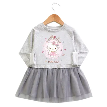 Sanrio Hello Kitty 2021 детско пролет-есен нова рокля за момичета памучен окото пола с дълги ръкави от картун бебешка рокля на принцеса