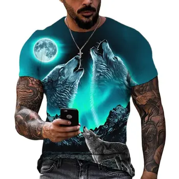Мъжка тениска с вълк 2023 топ с къс ръкав и животните принтом, 3D Ежедневни градинска мъжки t-shirt тениска Оверсайз, мъжки реколта дрехи