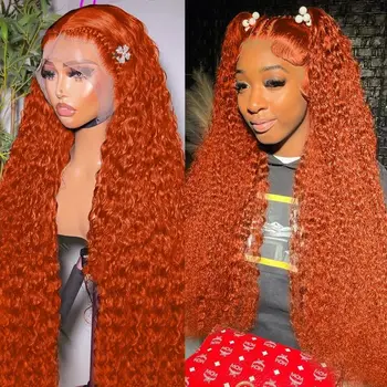 Червеникаво-оранжева дантела перуки, изработени от човешка коса отпред 13x4, къдрава коса с дълбока вълна, Прозрачна дантела пред перука, предварително выщипанные Цвят на косата за жени