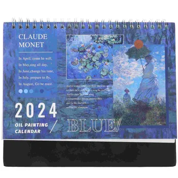 Стационарен настолен календар с панти капак 2024 Моне Планер график на маслената живопис в които корици самостоятелен календар