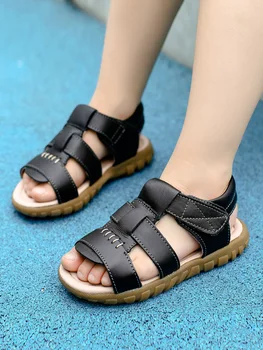 Летни удобни детски сандали от естествена кожа за момичета и момчета, Плажни сандали на не-хлъзгава подметка, Черно-бели обувки за деца, 2023 г.