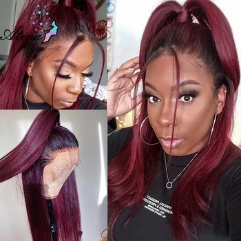 360 Пълен перука от човешка коса на съвсем малък отпред 99J Цветен 13x4 HD Прозрачен перука на съвсем малък отпред Маркирайте кестеняво-червено права перука за жени