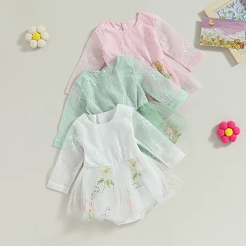 Пролетен анцуг за новородени момичета с бродерия в формата на цветя-пеперуди, дълъг ръкав, през цялата силует, тюлевый гащеризон, дрехи принцеса