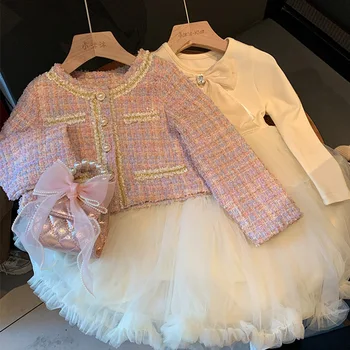 Бебешка рокля пролет-есен облекло, Корея, модерно яке + Мрежести рокли, сладка принцеса с дълъг ръкав и лък, детски комплекти от 2 теми