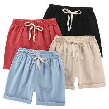 Детски къси панталони от памук и лен за лятото момчета Тънка горна дреха Обикновена ежедневни панталони за момичета WT032