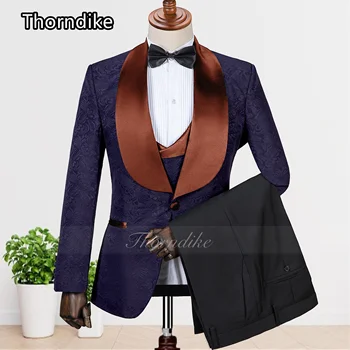 Thorndike 2023 Модерен Обичай Тъмно Синьо Жаккардовый Мъжки костюм от Кафяв Сатен Шал LLapel Тънък Сватбен Смокинг Младоженеца