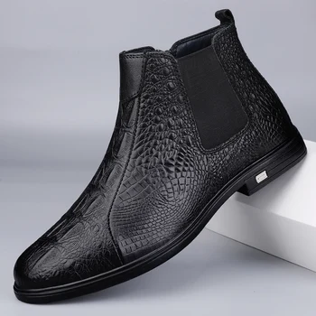 Топла мъжка бизнес обувки с крокодиловым модел, високи обувки 