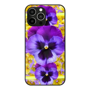 Лилави Теменуги В Жълто Цвете Градина Калъф От Закалено Стъкло За Iphone 14 13Pro 12 11 Pro Max X Xr Xs 7 8 6S 5S Plus Purple Art